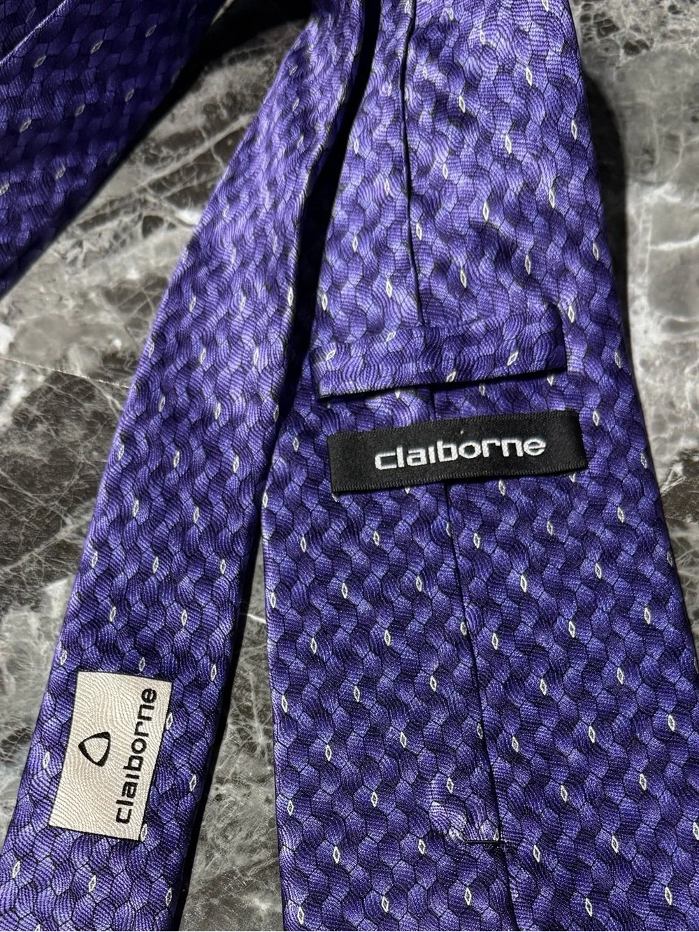 Claiborne 100% Imported Silk Purple Geometric Silk Tie- hand sewn